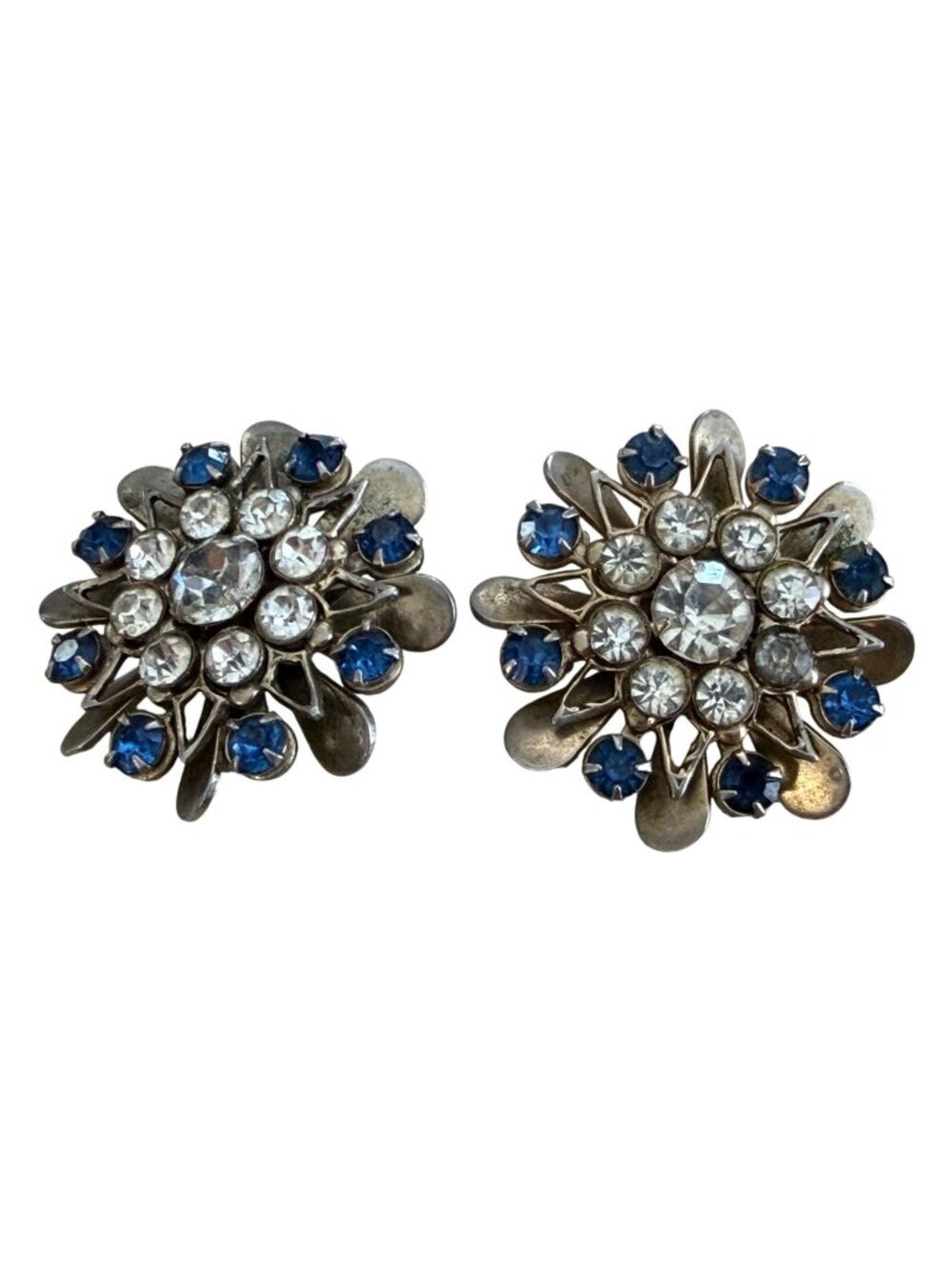 Vintage Set 2 Flower Blue Clear Rhinestones Brooches Silver Tone Matching 1.25" - Picture 1 of 6